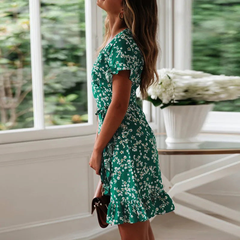 Women's Short Sleeve V-Neck Floral Dress | OWNLUXE