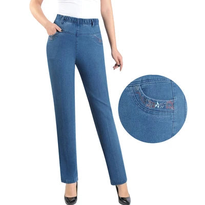 Women’s Embroidered Straight-Leg Jeans – High-Waist