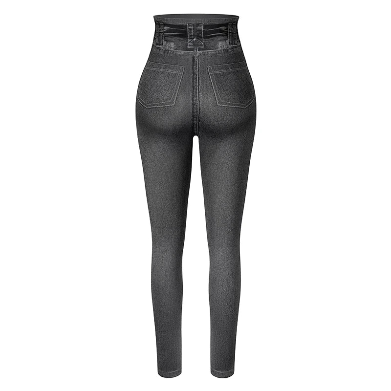 Faux Denim Leggings - High Waist Tummy Control Jeggings