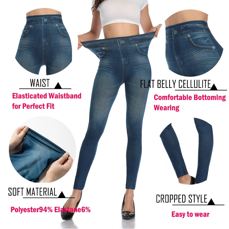 Faux Denim Leggings - High Waist Tummy Control Jeggings