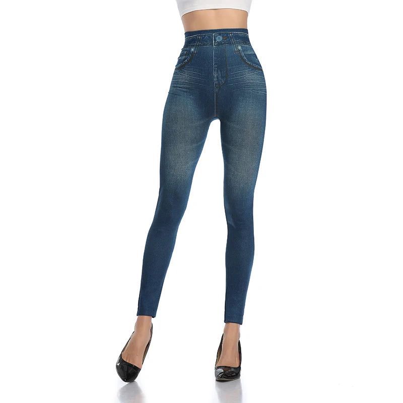 Faux Denim Leggings - High Waist Tummy Control Jeggings
