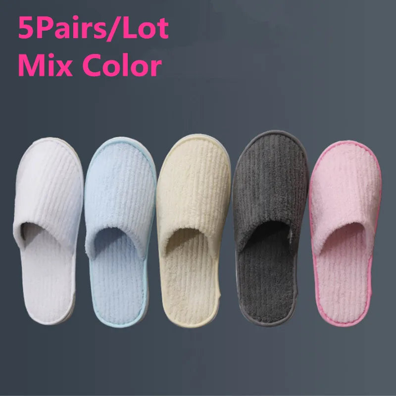 Disposable Hotel Spa Slippers – 5 Pairs Plush Cotton Slides