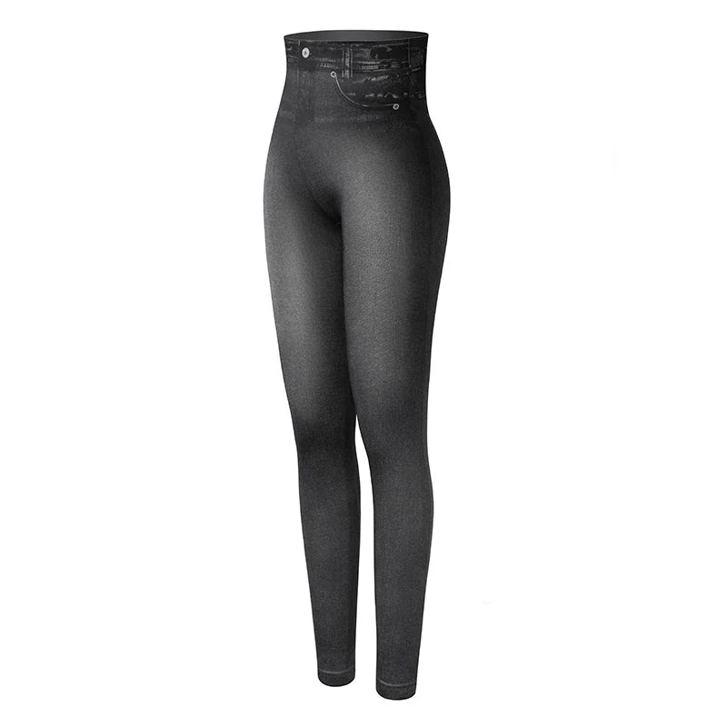Faux Denim Leggings - High Waist Tummy Control Jeggings