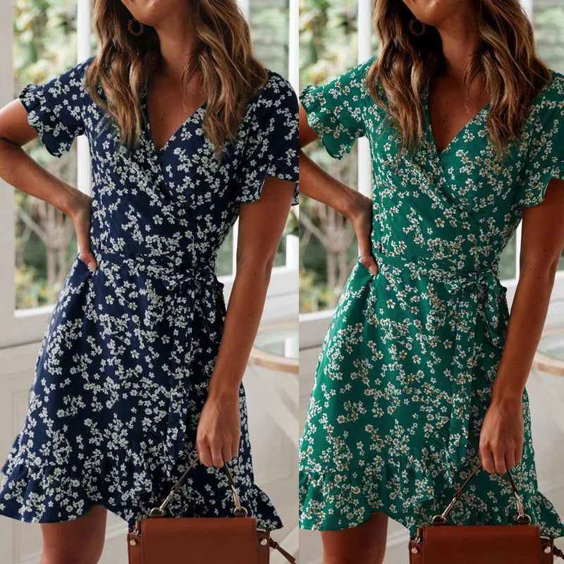 Women's Short Sleeve V-Neck Floral Dress | OWNLUXE