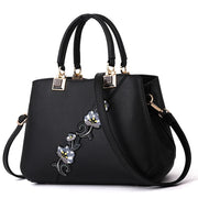 Embroidered PU Leather Shoulder Bag – Structured Frame Tote with Floral Details