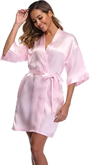 🔥 Women's Satin Kimono Robe – Short Bathrobe, Wedding Party Pajamas, S-XXL 💕