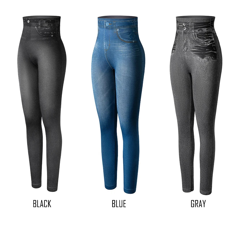 Faux Denim Leggings - High Waist Tummy Control Jeggings