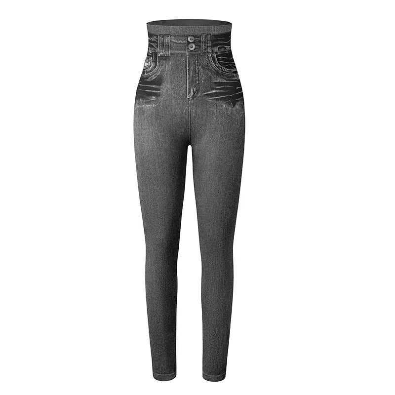 Faux Denim Leggings - High Waist Tummy Control Jeggings