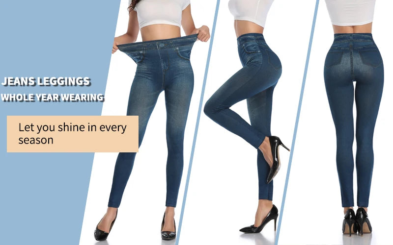 Faux Denim Leggings - High Waist Tummy Control Jeggings