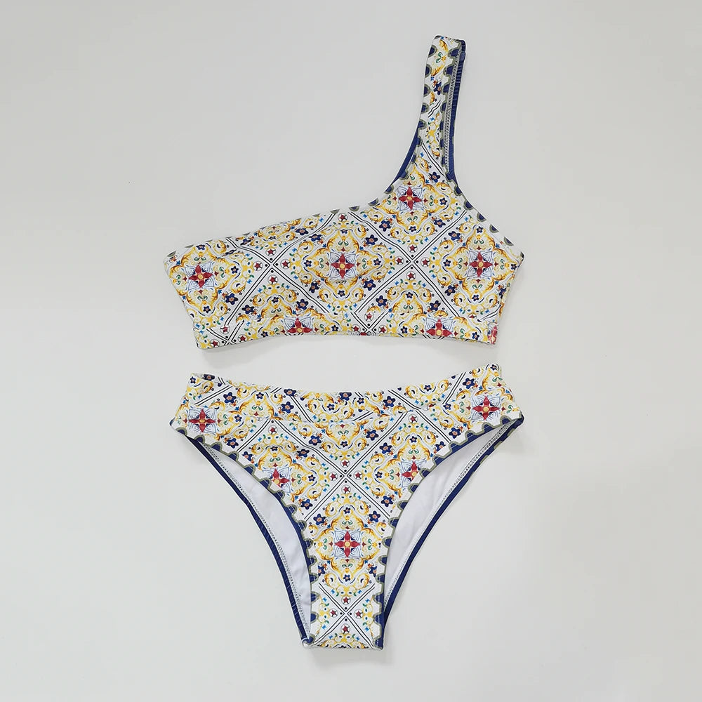 Women’s Bandeau Bikini Set – Printed Mid-Waist 2‑Piece