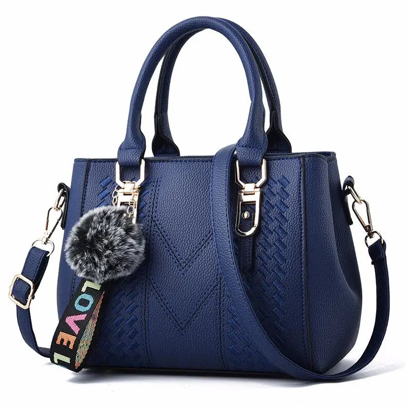 Embroidered Messenger Bag with Pom-Pom Detail - Soft PU Leather Crossbody Handbag