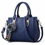 Embroidered Messenger Bag with Pom-Pom Detail - Soft PU Leather Crossbody Handbag