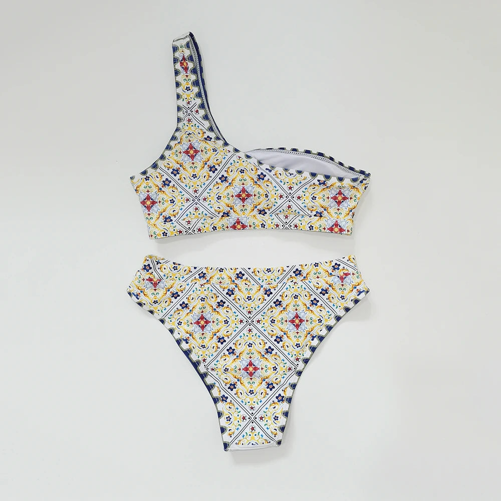 Women’s Bandeau Bikini Set – Printed Mid-Waist 2‑Piece