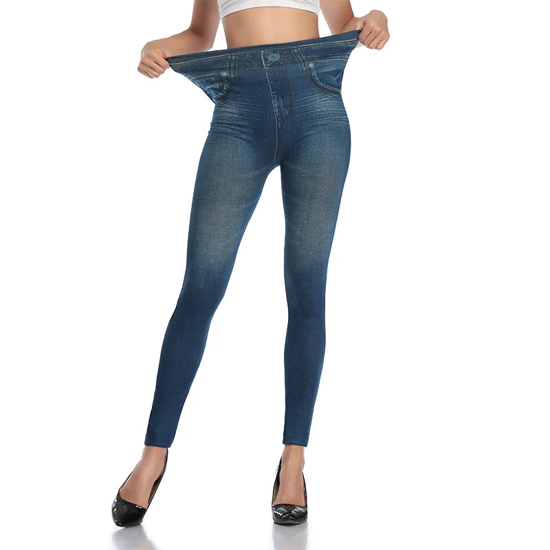 Faux Denim Leggings - High Waist Tummy Control Jeggings