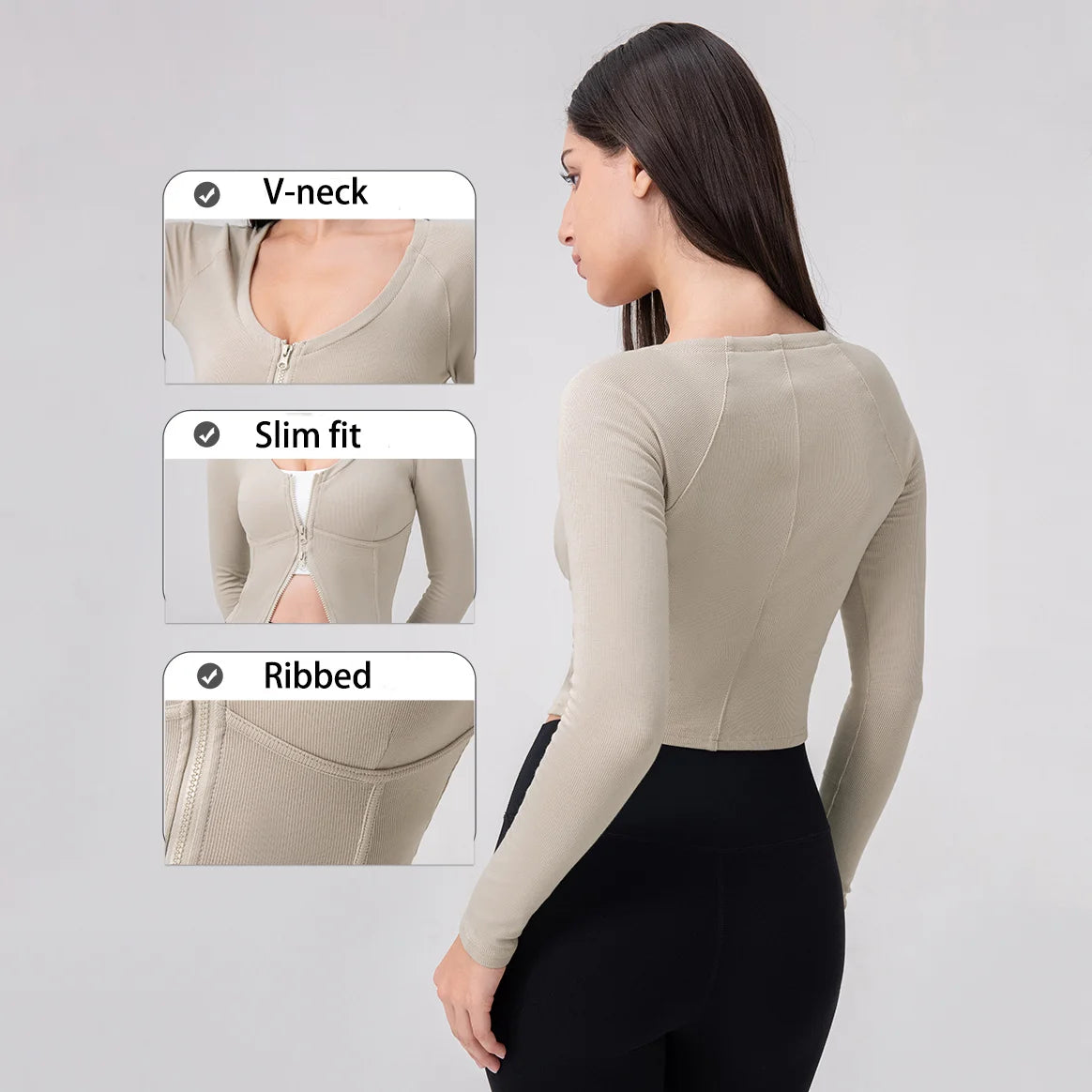 Ribbed V-Neck Zip Crop Jacket – Slim Fit Layer