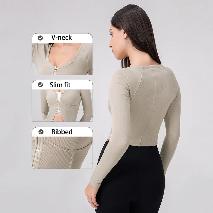 Ribbed V-Neck Long-Sleeve Cropped Crop Top | OWNLUXE