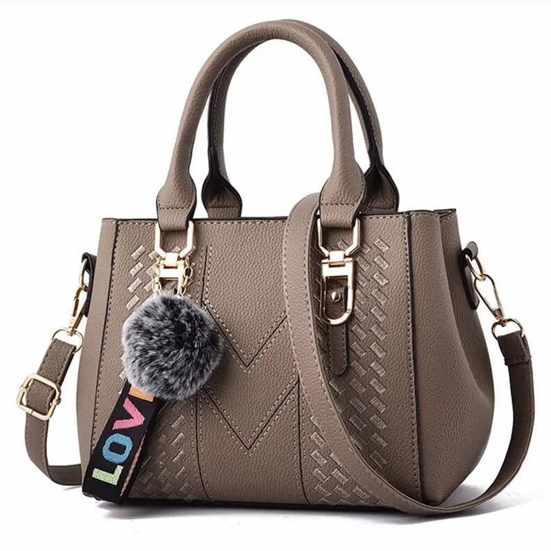 Embroidered Messenger Bag with Pom-Pom Detail - Soft PU Leather Crossbody Handbag