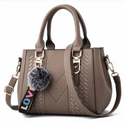 Embroidered Messenger Bag with Pom-Pom Detail - Soft PU Leather Crossbody Handbag