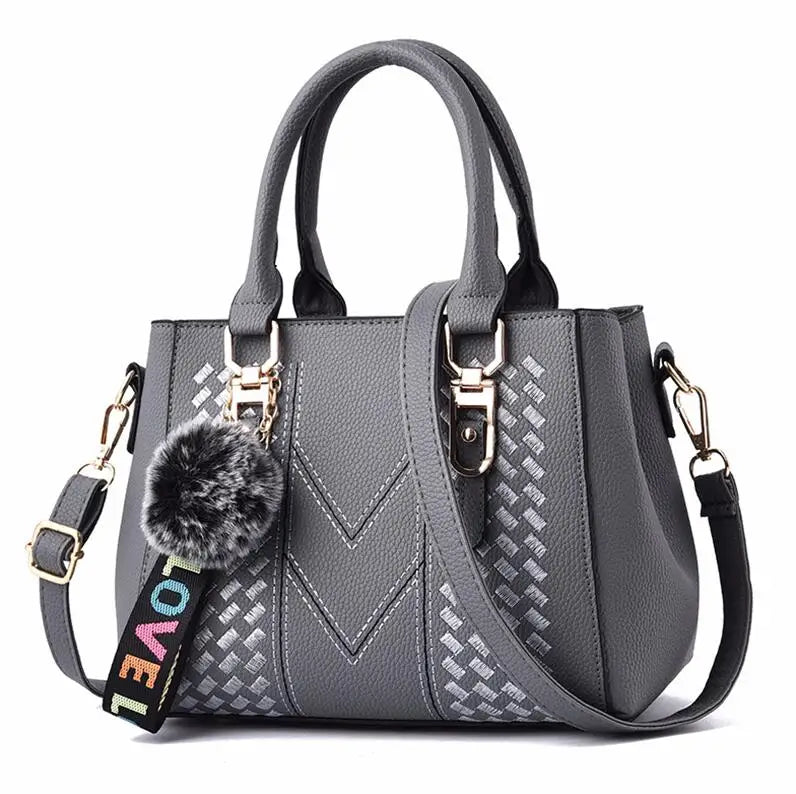 Embroidered Messenger Bag with Pom-Pom Detail - Soft PU Leather Crossbody Handbag