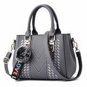 Embroidered Messenger Bag with Pom-Pom Detail - Soft PU Leather Crossbody Handbag