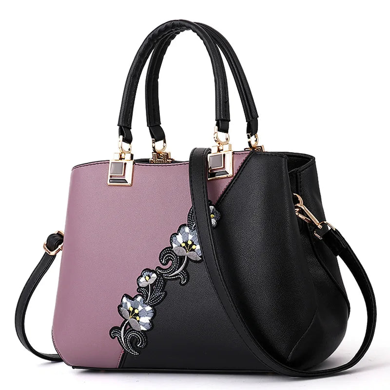 Embroidered PU Leather Shoulder Bag – Structured Frame Tote with Floral Details