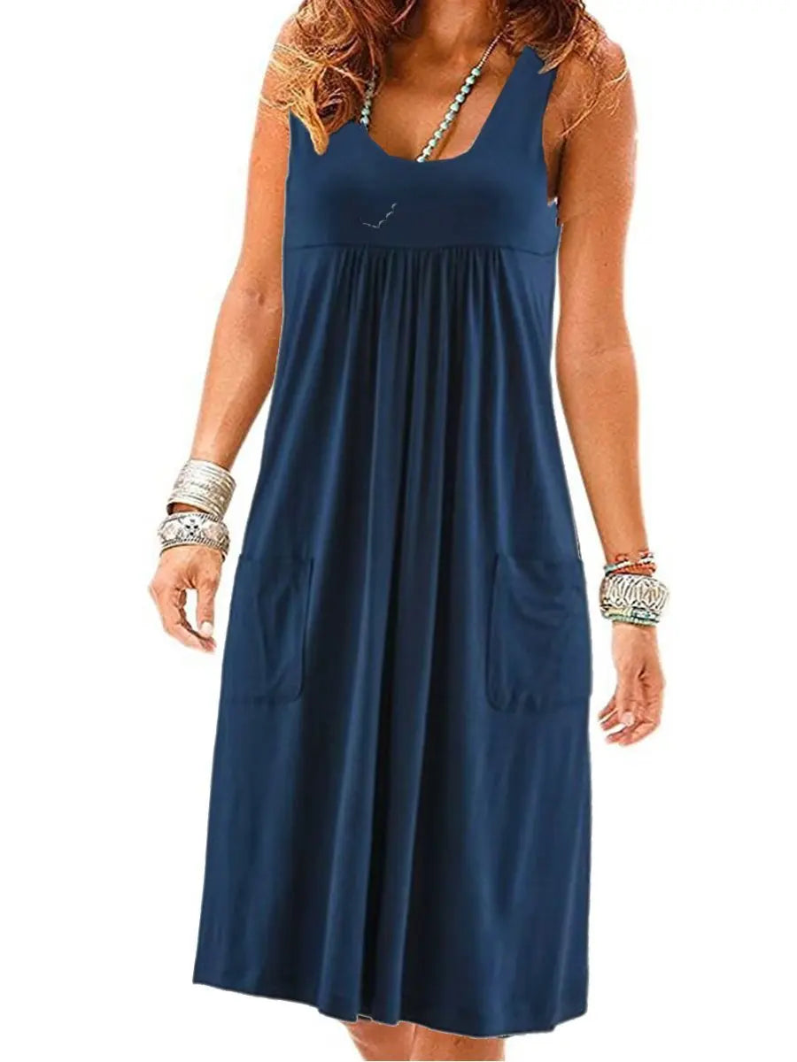 Striped Jersey Midi Dress with Pockets - Casual Sleeveless Dress