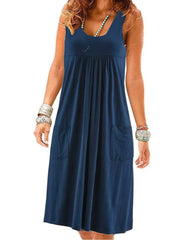 Striped Jersey Midi Dress with Pockets - Casual Sleeveless Dress