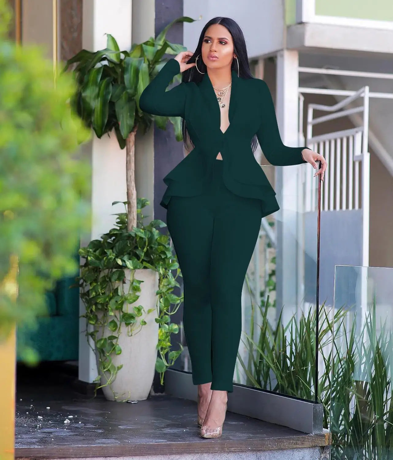✨ Women’s Winter 2-Piece Set – Knee-Length Hollow-Out Shirt & Full-Length Pants | Ensemble 2 pièces d’hiver pour femme – Chemise mi-longue ajourée et pantalon long