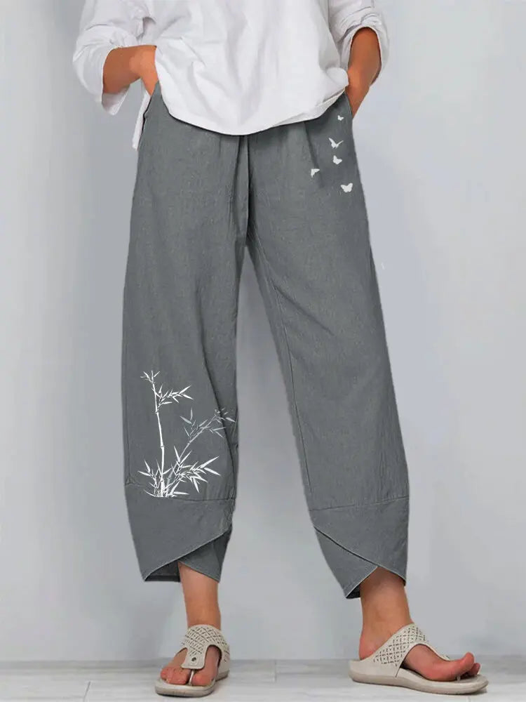 Women's Vintage Print Cargo Pants - High Waist Straight Leg Trousers