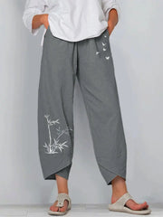 Women's Vintage Print Cargo Pants - High Waist Straight Leg Trousers