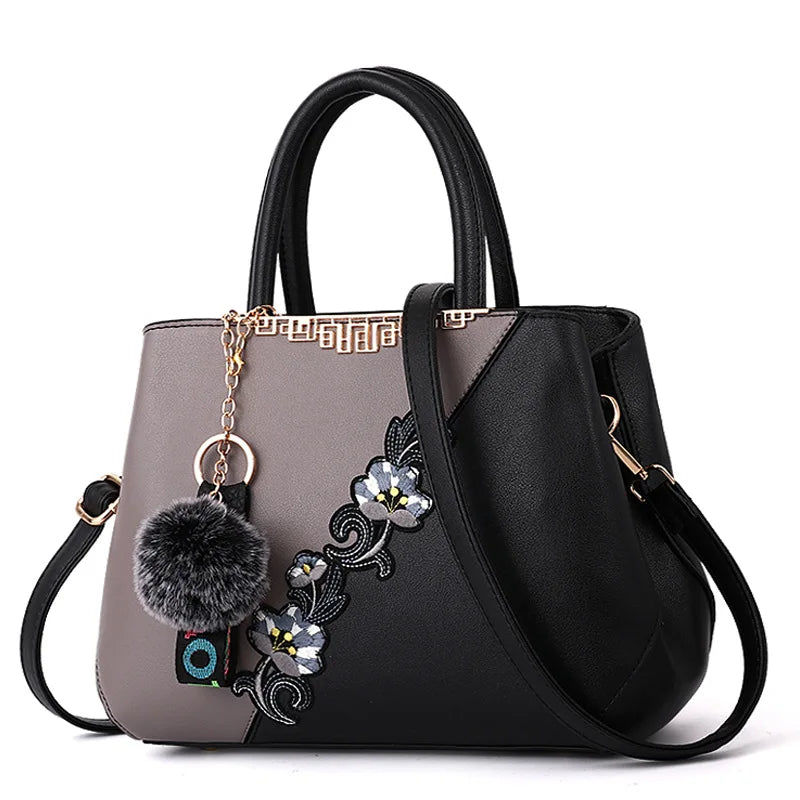 Embroidered PU Leather Shoulder Bag – Structured Frame Tote with Floral Details
