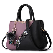 Embroidered PU Leather Shoulder Bag – Structured Frame Tote with Floral Details