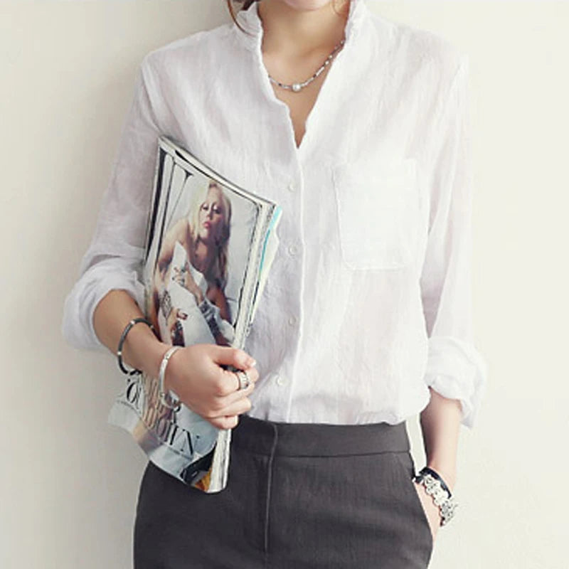 Women's Pleated Cotton-Spandex Blouse – Classic Turn-Down Collar Shirt