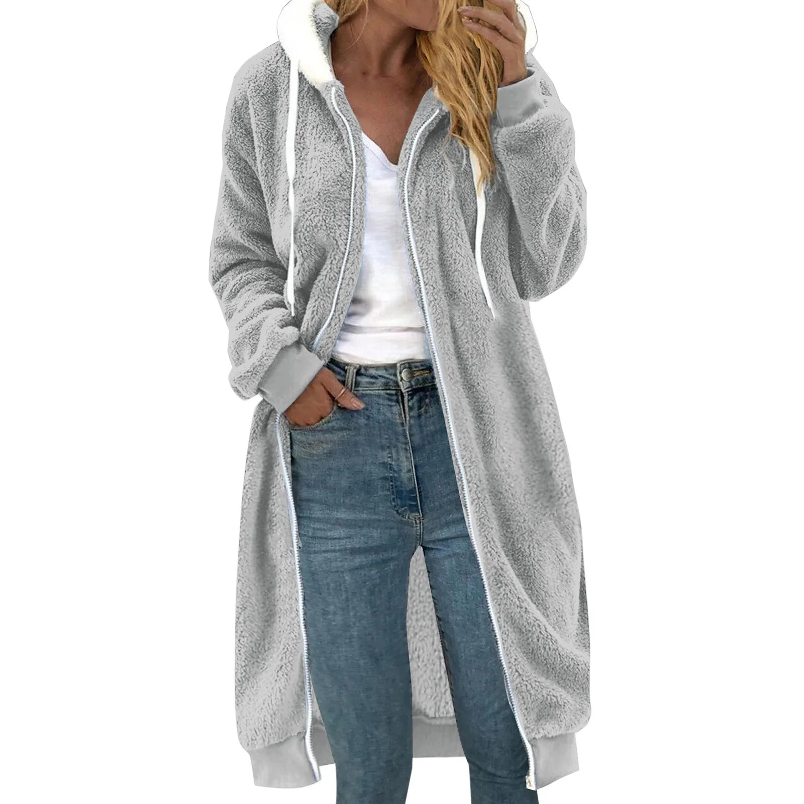 Women's Plus Size Color Block Plush Hoodie – Warm Zipper Sweatshirt Coat