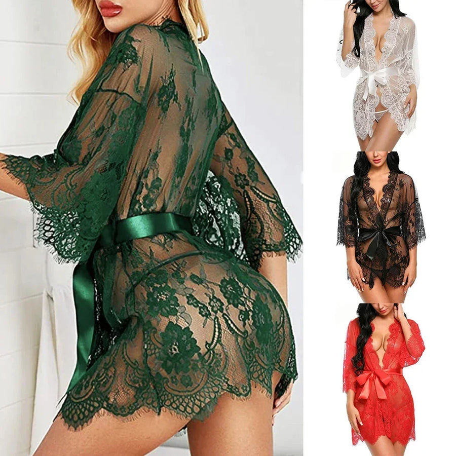 Sheer Lace Robe & Thong Set - Romantic Sleepwear for Women