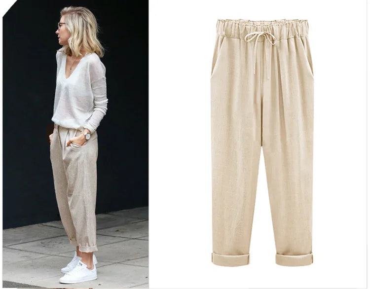 Cotton Linen Pants - Elastic Waist Ankle Length Casual Trousers