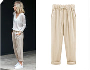 Cotton Linen Pants - Elastic Waist Ankle Length Casual Trousers
