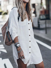 Women Swimsuit Cover Up Sleeve Kaftan Beach Tunic Dress Robe De Plage Solid White Cotton Pareo  High Collar Beachwear