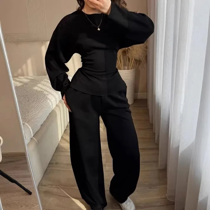 Women's Wide Leg Long-Sleeve Crew Neck Pants | OWNLUXE