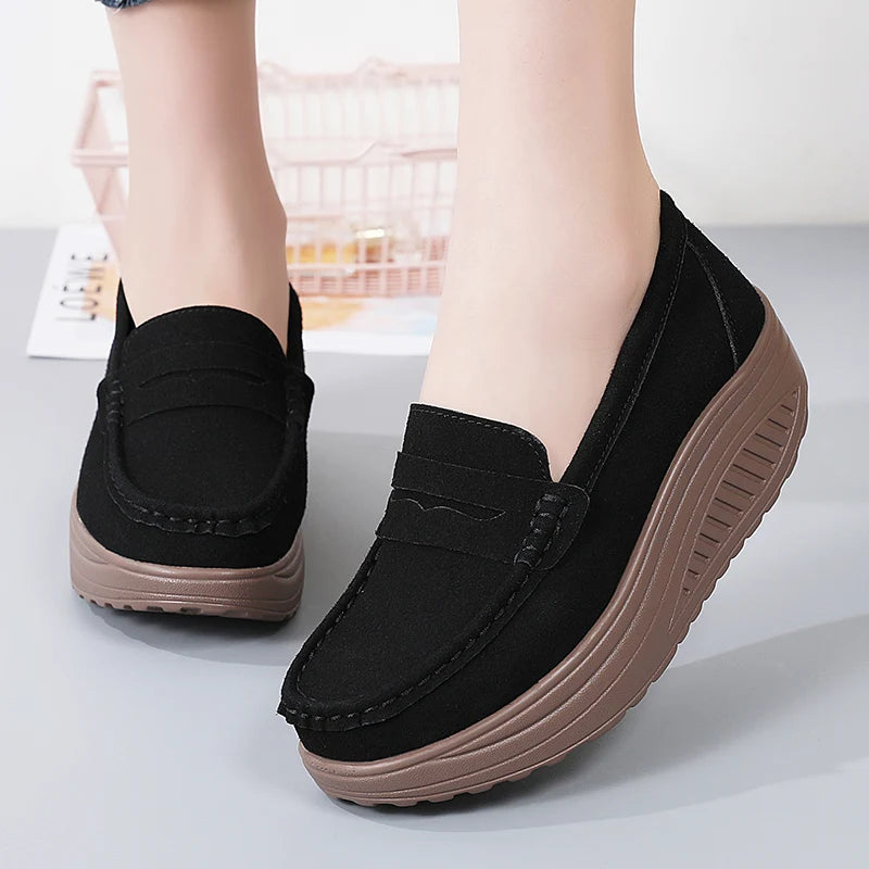 Women’s Suede Platform Loafers – Slip-On Casual Flats