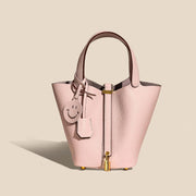 Genuine Cowhide Leather Bucket Bag - Fashion Lock Handbag with Phone Pocket | OWNLUXE