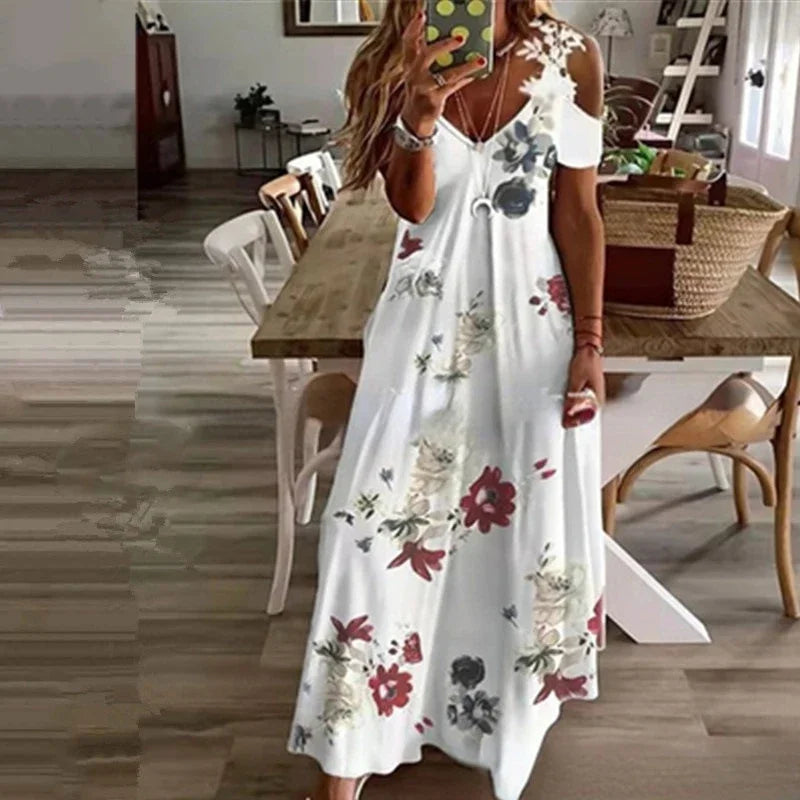 Floor-Length Printed V-Neck Camisole Dress – Elegant