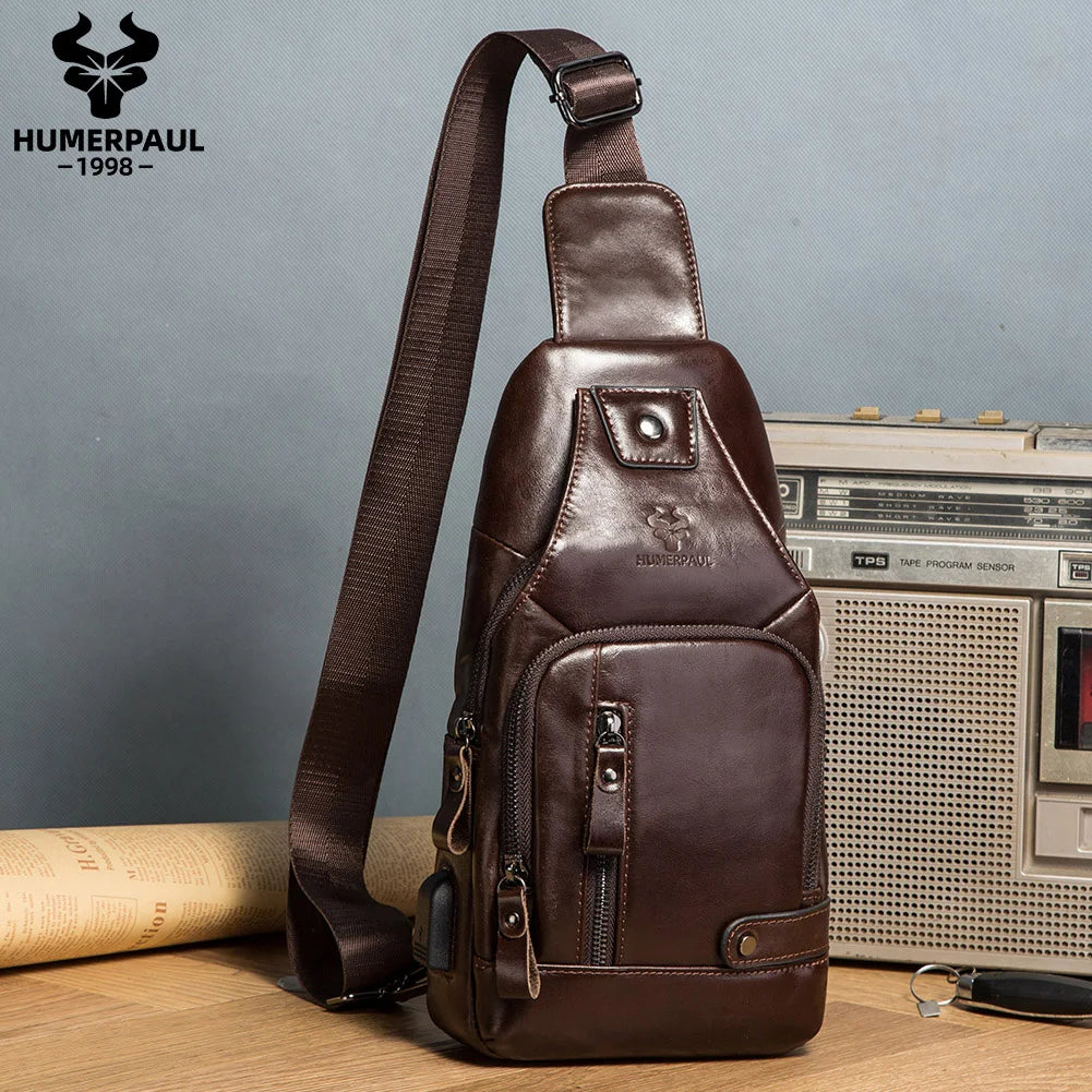 Men's Genuine Leather USB Chest Bag - Crossbody Messenger with USB Port | OWNLUXE