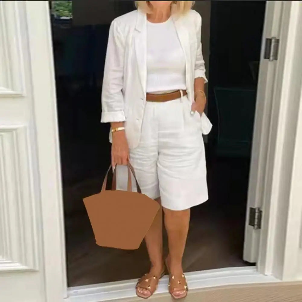Classic Loose Fit Cotton Blend Outfit – Single-Breasted Coat & Elastic Waist Shorts