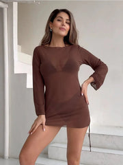 Sheer Mesh Long-Sleeve Ruched Swim Cover-Up | OWNLUXE