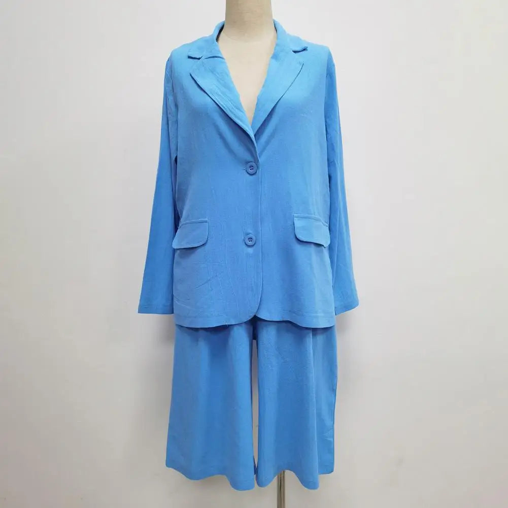 Classic Loose Fit Cotton Blend Outfit – Single-Breasted Coat & Elastic Waist Shorts