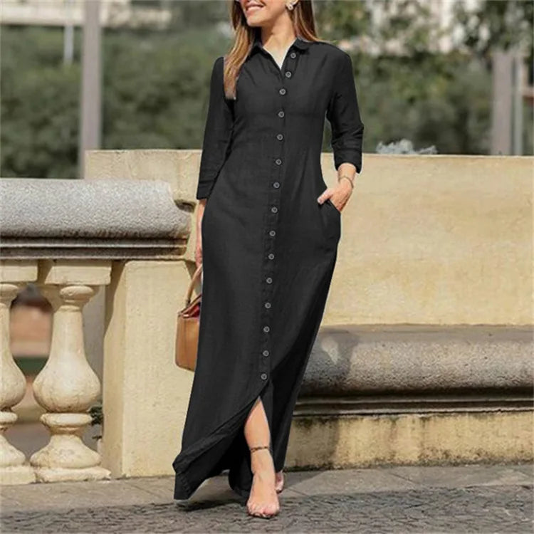 Loose-Fit Floor-Length Jersey Dress with Turn-Down Collar & Pockets – All-Season