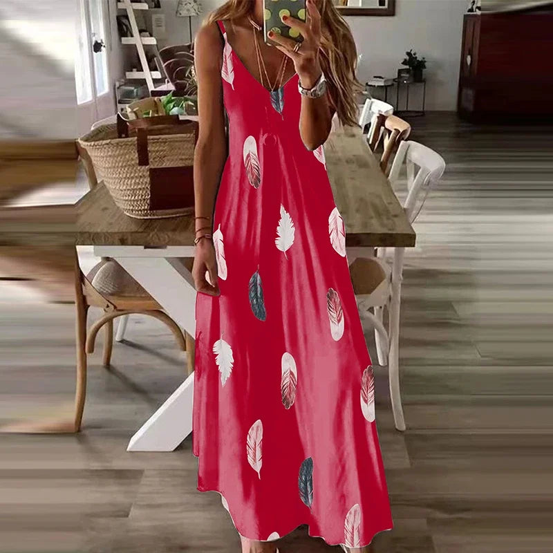 Elegant Printed Ankle-Length Beach Dress – Loose Fit V-Neck Camisole