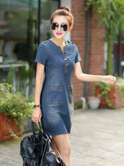 A-Line Mini Dress with V-Neck & Empire Waist - Denim Dress with Pockets