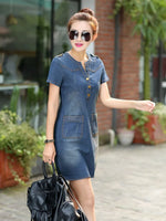 Load image into Gallery viewer, A-Line Mini Dress with V-Neck &amp; Empire Waist - Denim Dress with Pockets
